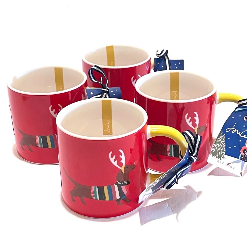 Four (4) JOULES Daschund Through The Snow Ceramic Mugs Red/White/Multi 12oz